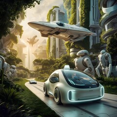 A futuristic vision of technology, where advanced robots and machines coexist with nature. A sleek, self-driving car glides along apathway, surrounded by skyscrapers that blend seamlessly with greener