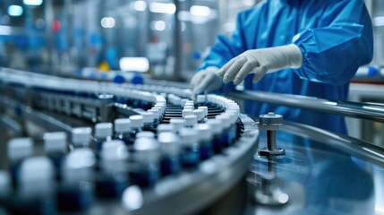A pharmacist scientist, adorned with sanitary gloves, is inspecting medical vials as they traverse a production line conveyor belt within a pharmaceutical factory equipped.