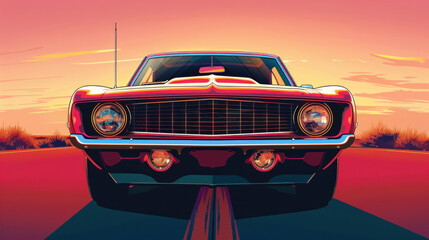Illustrated in vector line art is a low-angle frontal view of a vintage American muscle car from the 1950s.