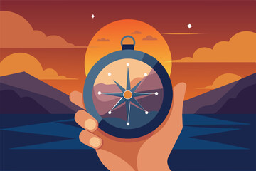 A hand holding a compass against a sunset or sunrise background. themes of navigation, traveling, exploring, or finding direction in life.