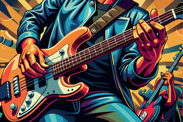 Naklejka premium The guitarist plays an electric guitar with a Sunburst finish. The emphasis is on the hands on the fingerboard. The atmosphere is that of a concert, relaxation and enjoyment of listening to music