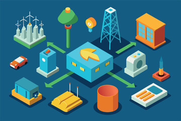 elements associated with energy production and distribution. a simplified overview of the diverse methods of energy production and the interconnected nature of energy infrastructure.