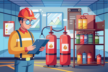 engineer inspects fire safety and integrity of fire extinguishers at production facilities