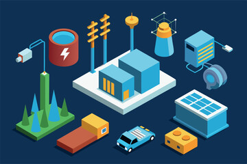 Fototapeta premium elements associated with energy production and distribution. a simplified overview of the diverse methods of energy production and the interconnected nature of energy infrastructure.