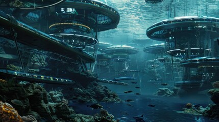 futuristic underwater research facility surrounded by marine life and advanced technology AI generated