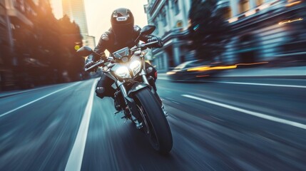 Obraz premium The urban adventure concept is brought to life in a motorcycle racing video background, where a motorcyclist speeds through city streets.