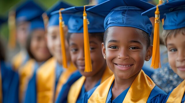 A group of multiethnic children in graduation caps and gowns, smiling at the camera with their tassels hanging down on one side, dressed in blue or yellow robes, all wearing dark skin color.