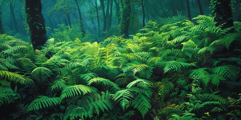 Lush Fern Grove in a Misty Forest