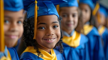 A group of multiethnic children in graduation caps and gowns, smiling at the camera with their tassels hanging down on one side, dressed in blue or yellow robes, all wearing dark skin color.