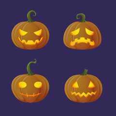 Happy Halloween orange pumpkins collection carving face expression in night