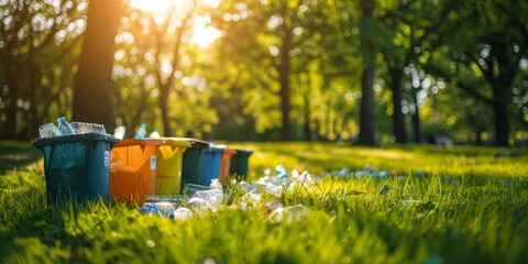 Fototapeta premium A row of eco-friendly trash cans. The sun shines and illuminates the garbage box, creating a beautiful scene symbolising the concept of environmental protection, renewables, and recycling. 