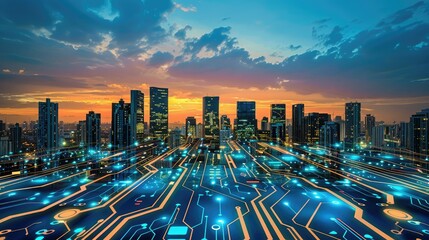 Circuit board cityscape at dusk
