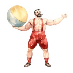 Powerful Circus Strongman Performer in Vintage Watercolor Style