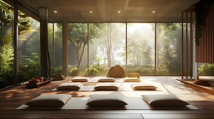 Fototapeta premium A minimalist meditation room with natural light, featuring an open space and wooden floors, adorned with multiple yoga cushions arranged in rows on the floor.