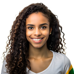 Portrait of a smiling young woman with curly hair, wearing a casual white top, against a white background.