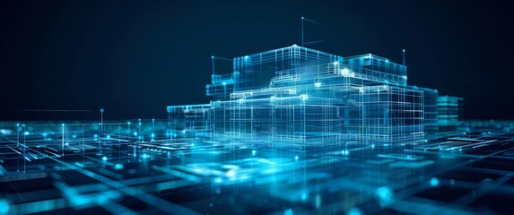 High-tech digital blueprint showcasing a futuristic building design with intricate details and neon lights