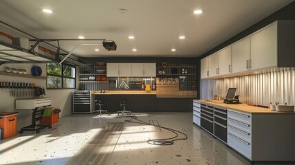 minimalist garage conversion with sleek storage solutions, a workshop area, and clean lines for a modern, functional space