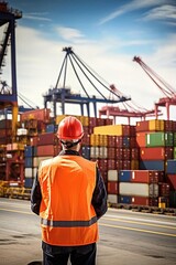 Professional stock photo of a logistic manager organizing shipping containers at a bustling port, with cranes and trucks in the background, emphasizing global trade