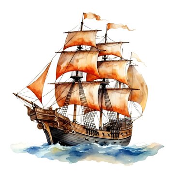 recommend clip art: Vibrant Watercolor Pirate Ship Evoking Nautical Adventure and