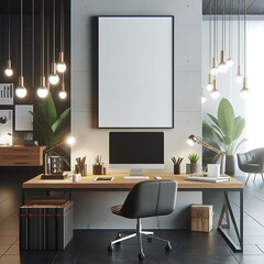 A computer on a desk with poster empty white in working home office with A chair and poster mockup and a poster on the wall optimized Vibrant informative.