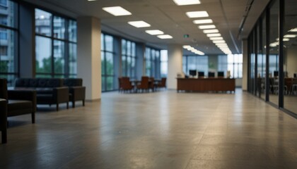 Blurred empty open space office. Abstract light bokeh at office interior background. generative ai