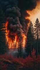 Intense wildfire burning through a forest, with bright orange flames and dark smoke filling the air, highlighting the urgent need for firefighting efforts