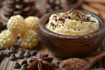 Fototapeta premium Gourmet Vanilla Pudding with Chocolate Chips in Wooden Bowl - Dessert Photography for Culinary Marketing