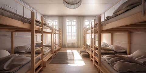 Fototapeta premium A stylish hostel room with bunk beds, featuring a modern and clean design.