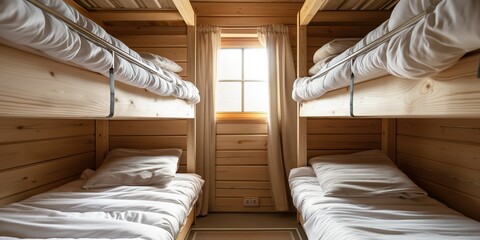 A rustic and comfortable hostel bedroom with neat timber bunk beds and cozy bedding.