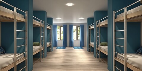 A cozy hostel bedroom with bunk beds and modern furniture for a comfortable stay.