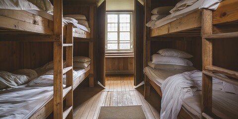 A cozy hostel dormitory with wooden bunk beds and traditional interior design.