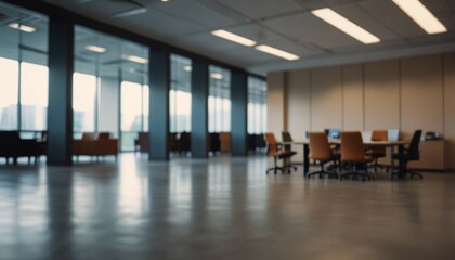 Blurred empty open space office. Abstract light bokeh at office interior background. generative ai