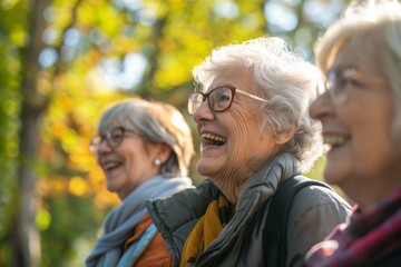 Fototapeta premium Three senior women friends laughing together at a picnic, enjoying nature and community outdoors.