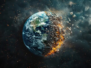 Obraz premium Dramatic Digital Art of Earth Exploding in Space with Fiery Debris and Cosmic Background