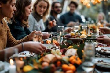 Friends celebrating with festive meals, wine, and happiness around a dinner table at home.