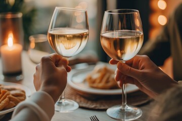 A couple celebrating and toasting with wine at a luxurious restaurant dinner party.