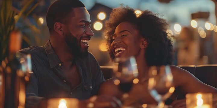 A cheerful couple on a romantic date enjoying wine and laughter on a restaurant patio.