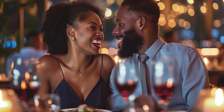 A romantic couple on a date celebrating with wine and tenderness in a restaurant setting.