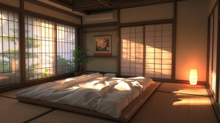 Fototapeta premium minimalist Japanese-style bedroom with tatami mats, futon beds, and sliding shoji screens for a simple, tranquil sleeping space