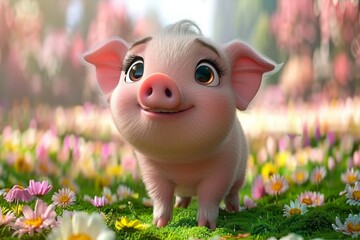 Closeup of pink baby piglets illustration smilling in isolated blurred background, cute pink baby pig with clean body in blur background