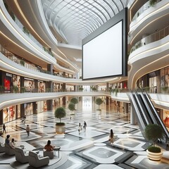 A large shopping mall has a large mockup white screen with a large screen eyecatching Illustrative unique vector.