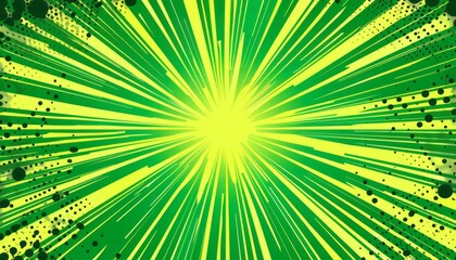 Obraz premium A green pop art background with halftone dots and rays of light in the center, suitable for advertising or packaging design