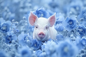 Closeup of pink baby piglets illustration smilling in isolated blurred background, cute pink baby pig with clean body in blur background