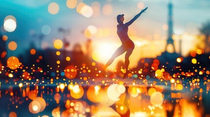 Silhouette of a dancer against a backdrop of city lights and a colorful sunset.
