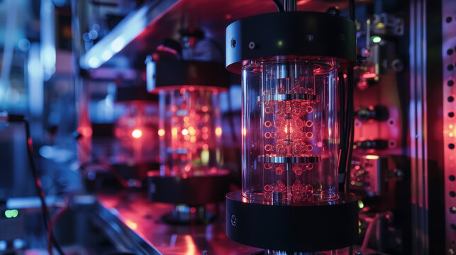 Inside a quantum computing lab, abstract technology wallpaper with with advanced quantum computers, featuring entangled particles and complex data processing systems
