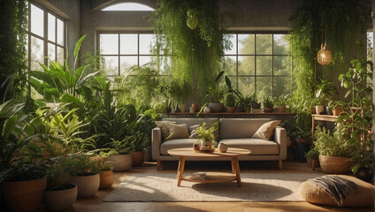 Eco-Friendly Living Room with Abundant Indoor Plants and Natural Light, plant based house interior concept