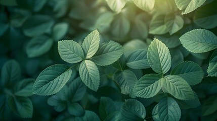 Close up of green leaves in the forest with blurred background. Background banner for spring, summer or nature concept.