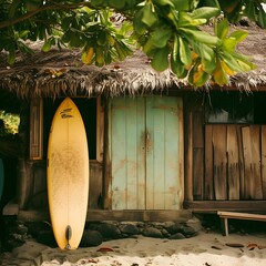 The serene beachside scene, essence of coastal living and the vibrant surf culture. Surfboards lined up under a rustic shelter evoke a sense of adventure and relaxation.