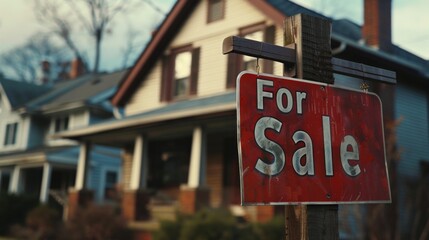 A closeup of a For Sale sign in front of a house