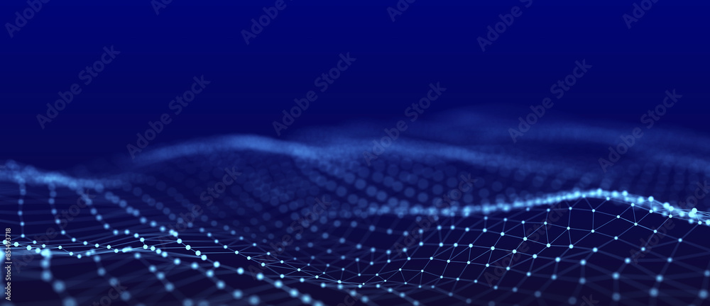 Poster The flow of particles in a dynamic wave. Data visualization. Abstract dark background. 3D rendering.